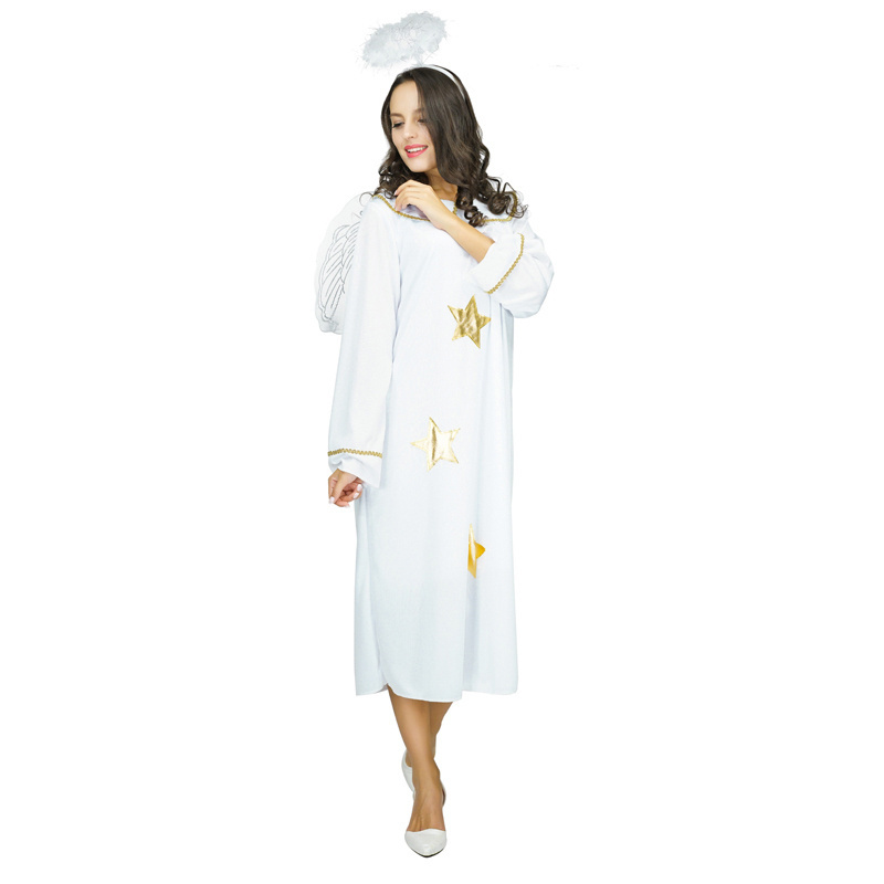 Adult Fancy Dress Lady White Angel Costume With Wings Halloween  Role Play Performance Clothing For Women