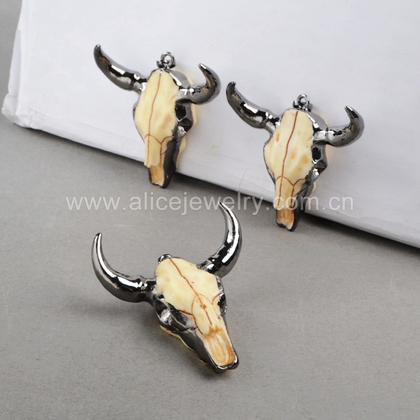 B0842 Longhorn resin pendants large cattle skull head bull cattle pendants with black gun plated