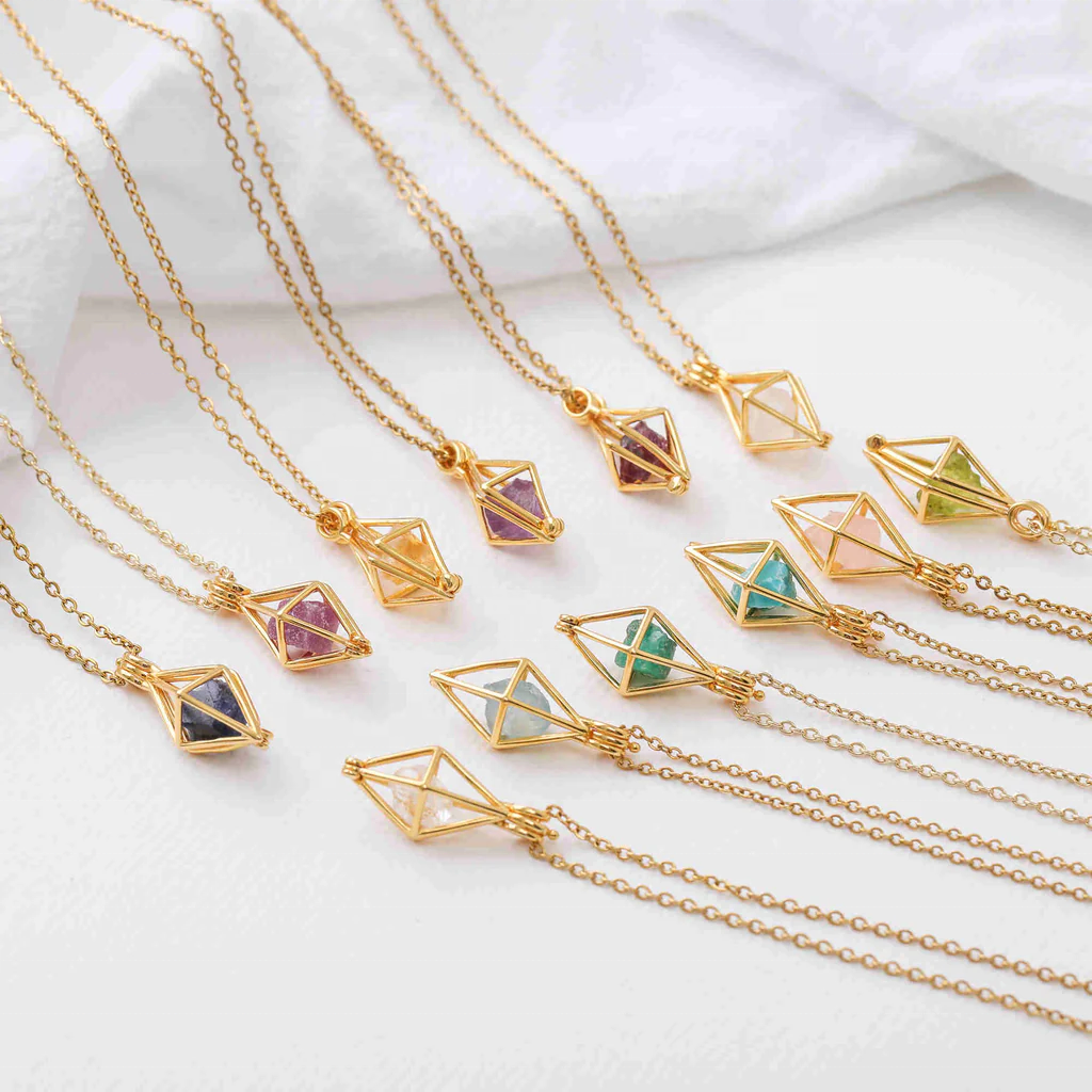 Gold Plated sterling silver 925 locket necklaces birthstone raw healing crystal  stone holder necklace