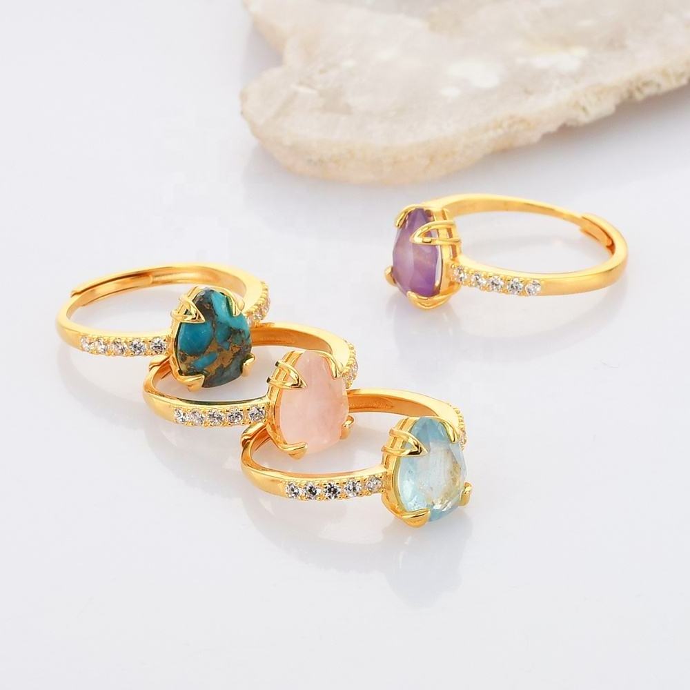 Gold Plated Natural Healing Stones Crystal Gemstone Women Jewelry 925 Sterling Silver Rings For Women