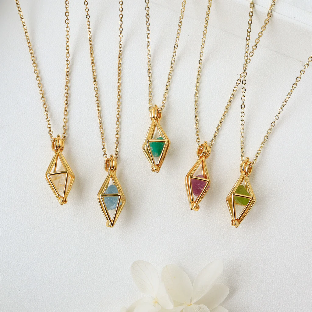 Gold Plated sterling silver 925 locket necklaces birthstone raw healing crystal  stone holder necklace