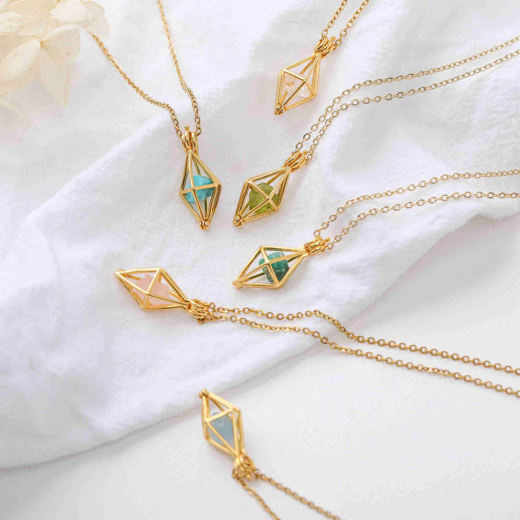 Gold Plated sterling silver 925 locket necklaces birthstone raw healing crystal  stone holder necklace