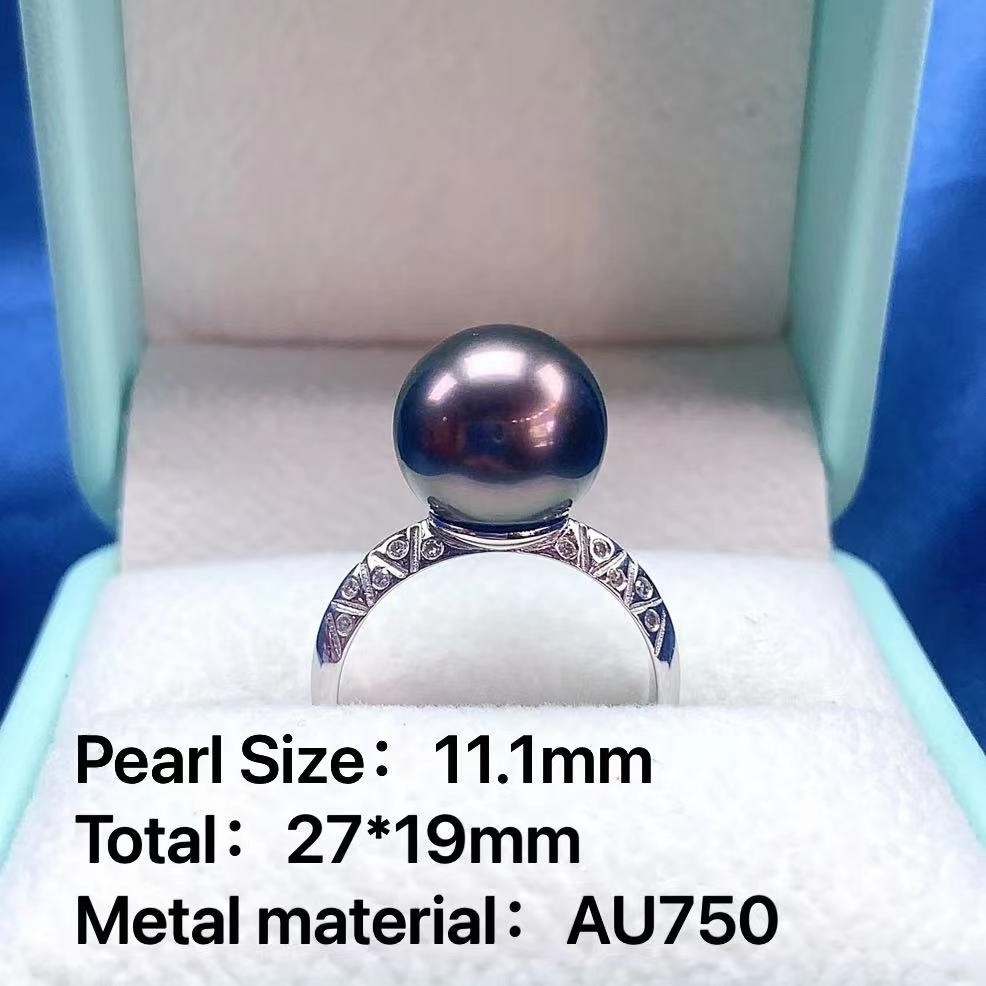 Stylish simple design Natural Tahiti Black Pearl 18K white gold ring for women's wedding engagement party glamour gift