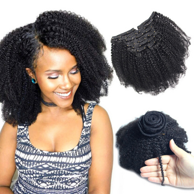 customized 120g/set virgin Brazilian afro kinky curly human hair clips in hair for black women,afro kinky 4a 4b 4c hair clip ins