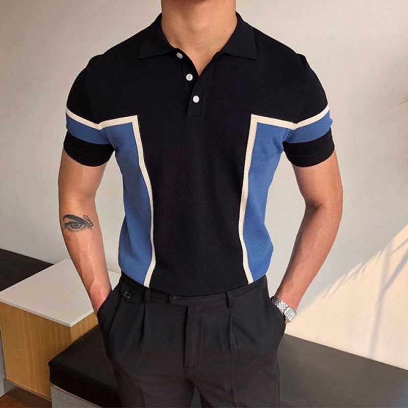 2022 Summer Men's Short-sleeved Knitted Casual POLO Shirts Contrast Color British Slim Lapel Ice Silk POLO Shirt Men Clothes