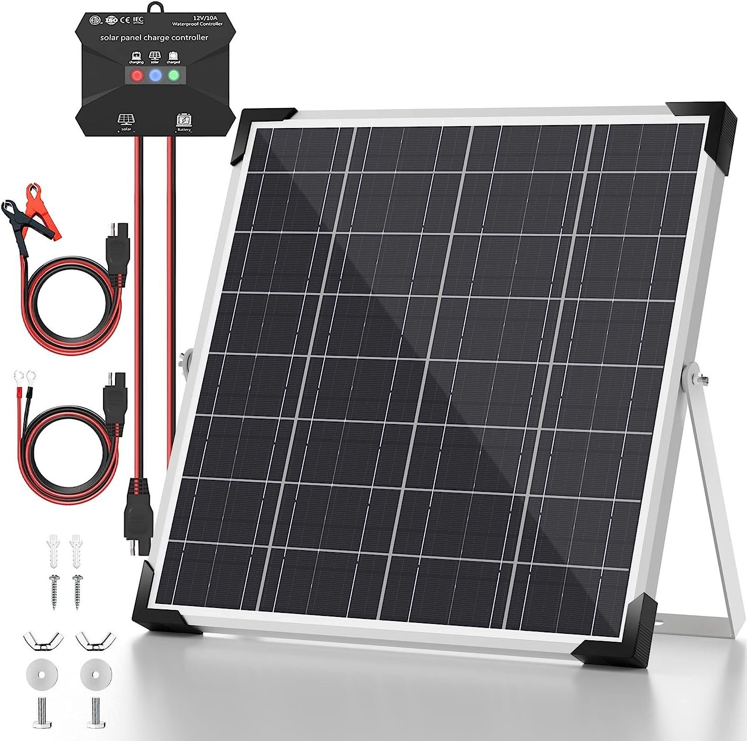 20W 12V Solar Panel Kit, Battery Trickle Charger Maintainer Adjustable Mount Bracket for Car RV Boat Motorcycle Automotive