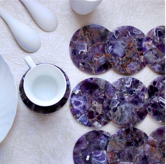 Natural Amethyst gemstone coaster epoxy resin home decor New Home spiritual decorative Gifts Round Drink coaster set