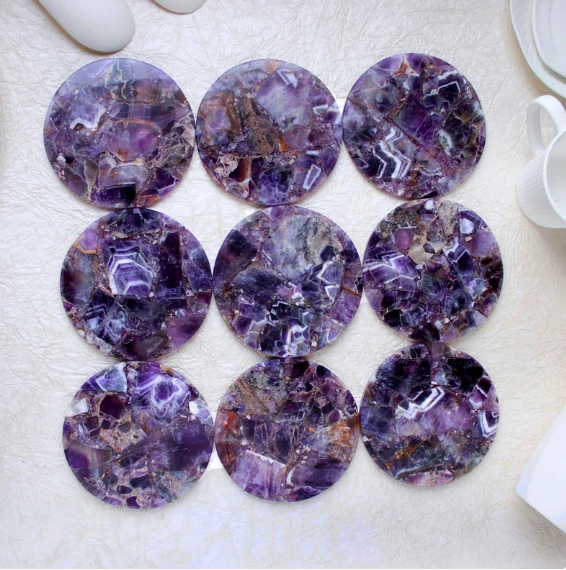 Natural Amethyst gemstone coaster epoxy resin home decor New Home spiritual decorative Gifts Round Drink coaster set