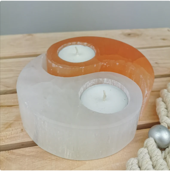 Wholesale Natural Carved  Selenite Ying Yang Candle Holder 12 cm  Decoration