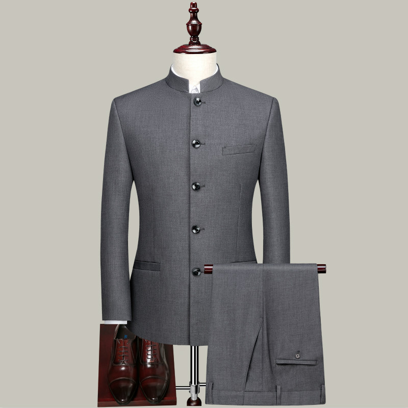 Men's retro stand collar suit 2 pieces sets New design male slim fit button formal blazer Chinese style wedding business jacket