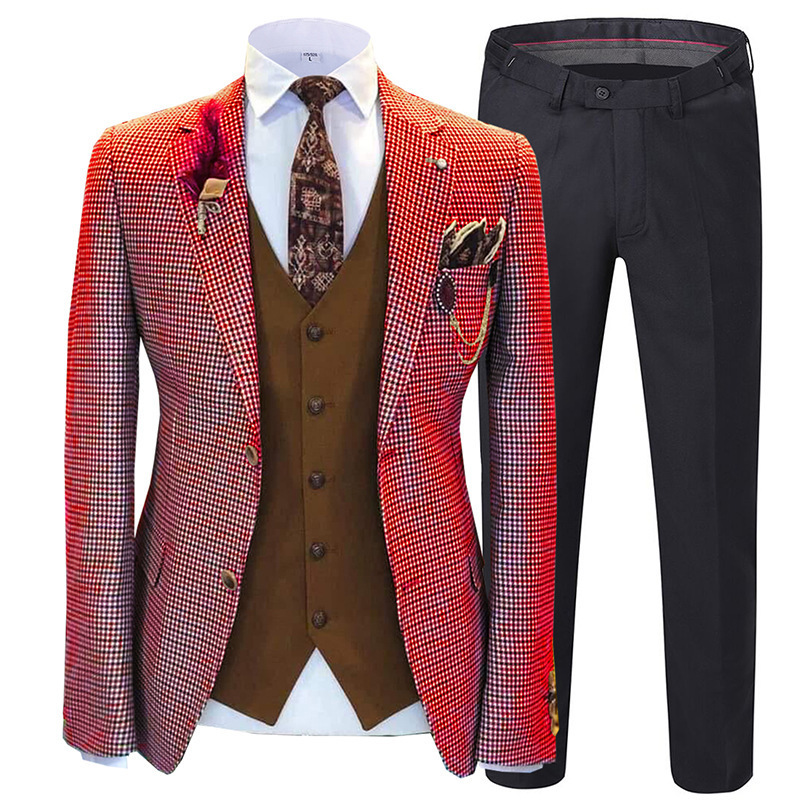 Hot sale Plaid tweed men's three-piece suit Men's Suit Brown Formal 3 Pieces Slim Fit Shawl Lapel Soft wedding groomsmen blazer