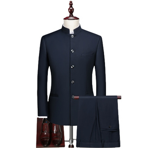 Men's retro stand collar suit 2 pieces sets New design male slim fit button formal blazer Chinese style wedding business jacket