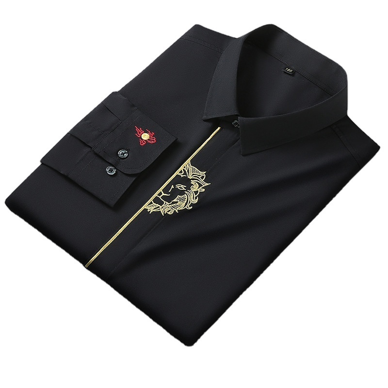 High end Men White Long Sleeve Shirt Business Fashion Embroidery Stand Collar Solid Black Shirt Male Oversize 6XL 8XL 10XL