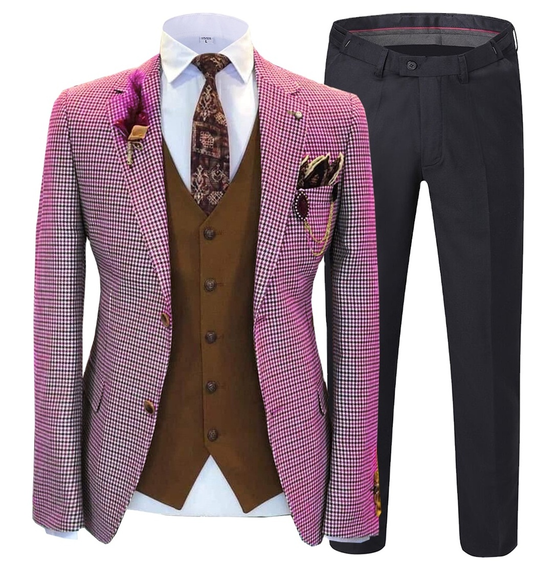 Hot sale Plaid tweed men's three-piece suit Men's Suit Brown Formal 3 Pieces Slim Fit Shawl Lapel Soft wedding groomsmen blazer