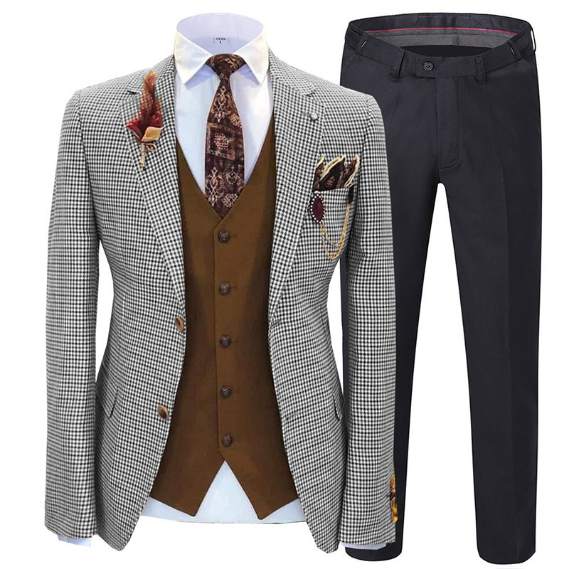 Hot sale Plaid tweed men's three-piece suit Men's Suit Brown Formal 3 Pieces Slim Fit Shawl Lapel Soft wedding groomsmen blazer