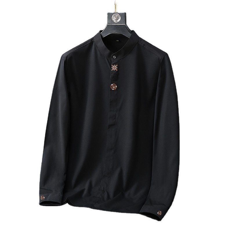 High end Men White Long Sleeve Shirt Business Fashion Embroidery Stand Collar Solid Black Shirt Male Oversize 6XL 8XL 10XL