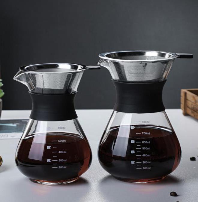 Hot Selling Custom Logo Carafe Pour over Stainless Steel Filter Coffee Dripper Glass Coffee Maker