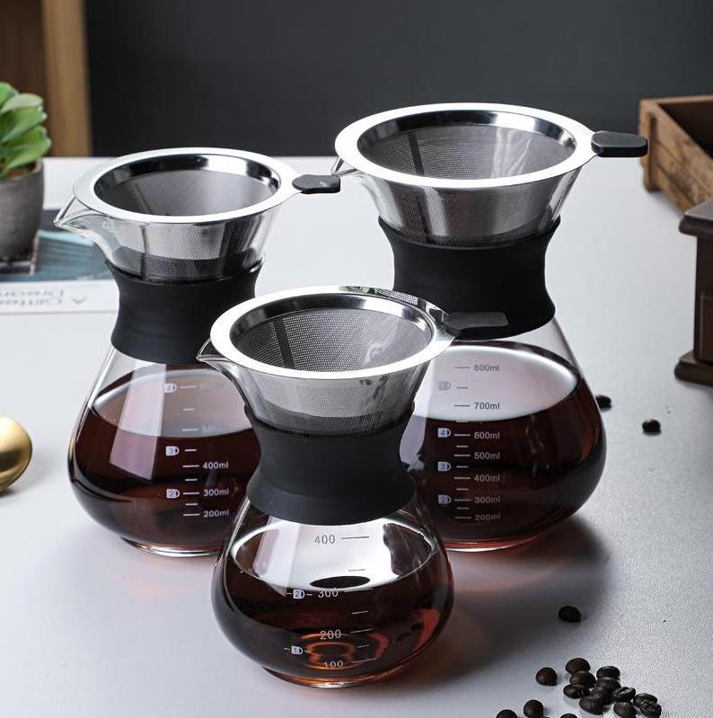 Hot Selling Custom Logo Carafe Pour over Stainless Steel Filter Coffee Dripper Glass Coffee Maker