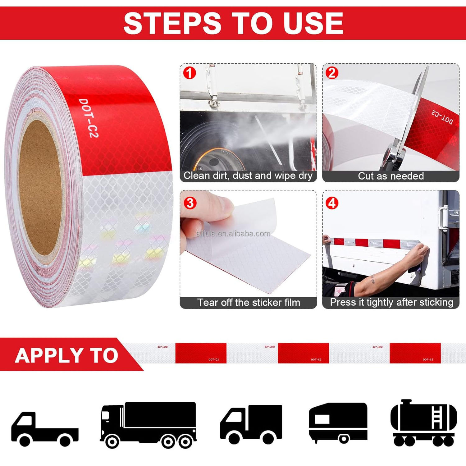 Red White Waterproof Reflector Conspicuity Tape - Safety Sticker Strips for Trailers, Cars, Trucks, Warning Tape Automotive