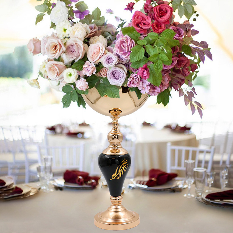 Wholesale Black Pedestal Bowl Large Gold Metal Flower Vase Centerpieces For Wedding Table