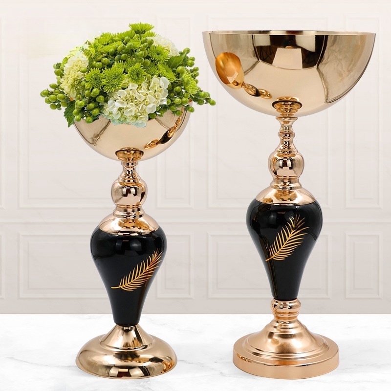 Wholesale Black Pedestal Bowl Large Gold Metal Flower Vase Centerpieces For Wedding Table