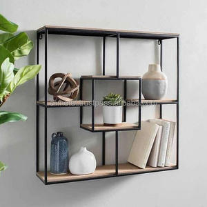 Customizable Modern Square Shape Iron And Wood Wall Shelf Or Display Rack For Wall Decor, Living Room Decor And Bedroom Decor