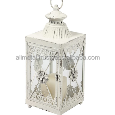 Rustic White Candle Lanterns Decorative Vintage Metal Wedding Lanterns for Table Centerpiece Antique Hurricane Candle