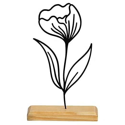 Metal Flowers with Leaf Showpiece on Wood Base Wire Art design Office Desktop Sculpture Decorative Table Home Decor