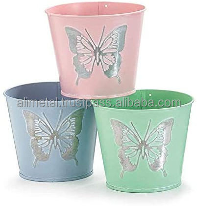 Embossed Metal Butterfly flower Pots and planter in Pink Green Purple for indoor outdoor decoration