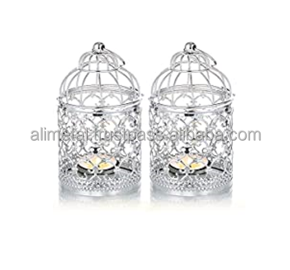 Decorative Candle Lanterns Bird Cage Metal Hollow Decorative Bird Cage Iron Candle Holder Hanging Lantern Silver Tea Light