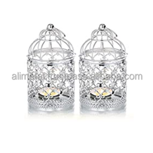 Decorative Candle Lanterns Bird Cage Metal Hollow Decorative Bird Cage Iron Candle Holder Hanging Lantern Silver Tea Light