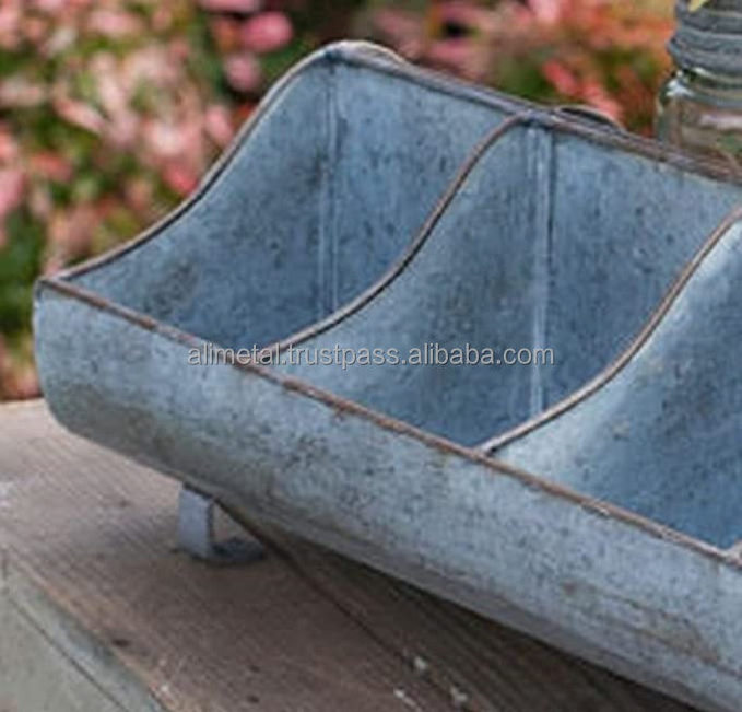 Galvanized Steel Metal Country Garden Planters Feed Trough Caddy with Handles Compartments