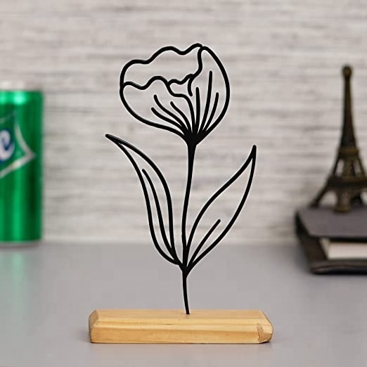 Metal Flowers with Leaf Showpiece on Wood Base Wire Art design Office Desktop Sculpture Decorative Table Home Decor