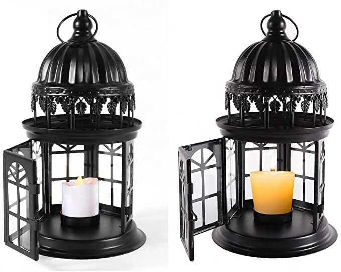 Metal Candle Holder Table Lanterns with Windscreen Moroccan Decorative Style Lanterns with Flameless Candle