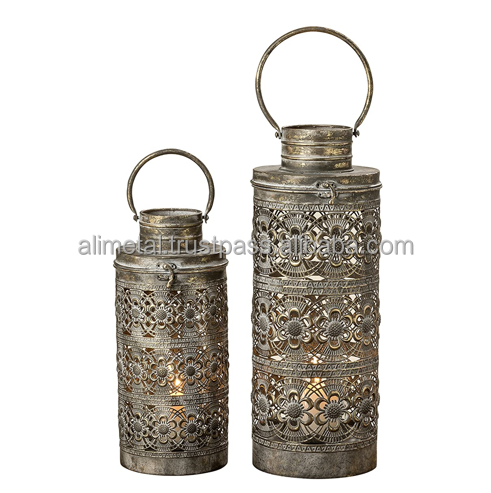 Whole House Worlds Moroccan Temple Lanterns Luxury Floor Hurricanes Lantern for LED or Wax Candles Sealed Iron Antiqued Pa