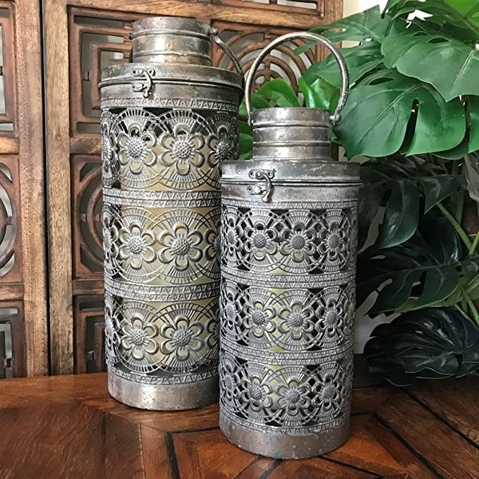 Whole House Worlds Moroccan Temple Lanterns Luxury Floor Hurricanes Lantern for LED or Wax Candles Sealed Iron Antiqued Pa