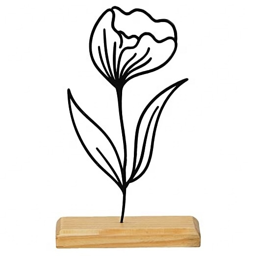 Metal Flowers with Leaf Showpiece on Wood Base Wire Art design Office Desktop Sculpture Decorative Table Home Decor