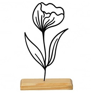 Metal Flowers with Leaf Showpiece on Wood Base Wire Art design Office Desktop Sculpture Decorative Table Home Decor