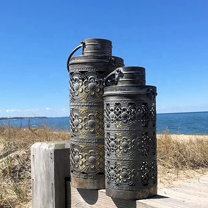 Whole House Worlds Moroccan Temple Lanterns Luxury Floor Hurricanes Lantern for LED or Wax Candles Sealed Iron Antiqued Pa