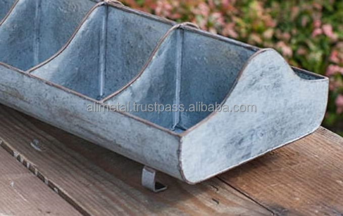 Galvanized Steel Metal Country Garden Planters Feed Trough Caddy with Handles Compartments