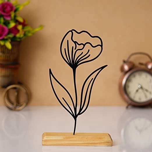 Metal Flowers with Leaf Showpiece on Wood Base Wire Art design Office Desktop Sculpture Decorative Table Home Decor