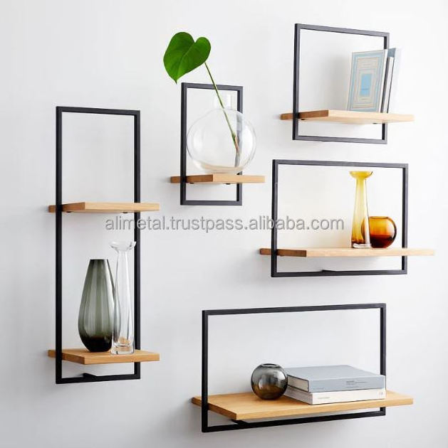 Customizable Modern Square Shape Iron And Wood Wall Shelf Or Display Rack For Wall Decor, Living Room Decor And Bedroom Decor