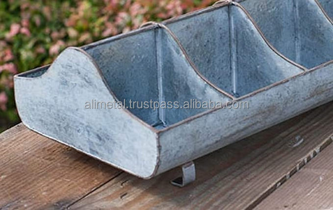 Galvanized Steel Metal Country Garden Planters Feed Trough Caddy with Handles Compartments