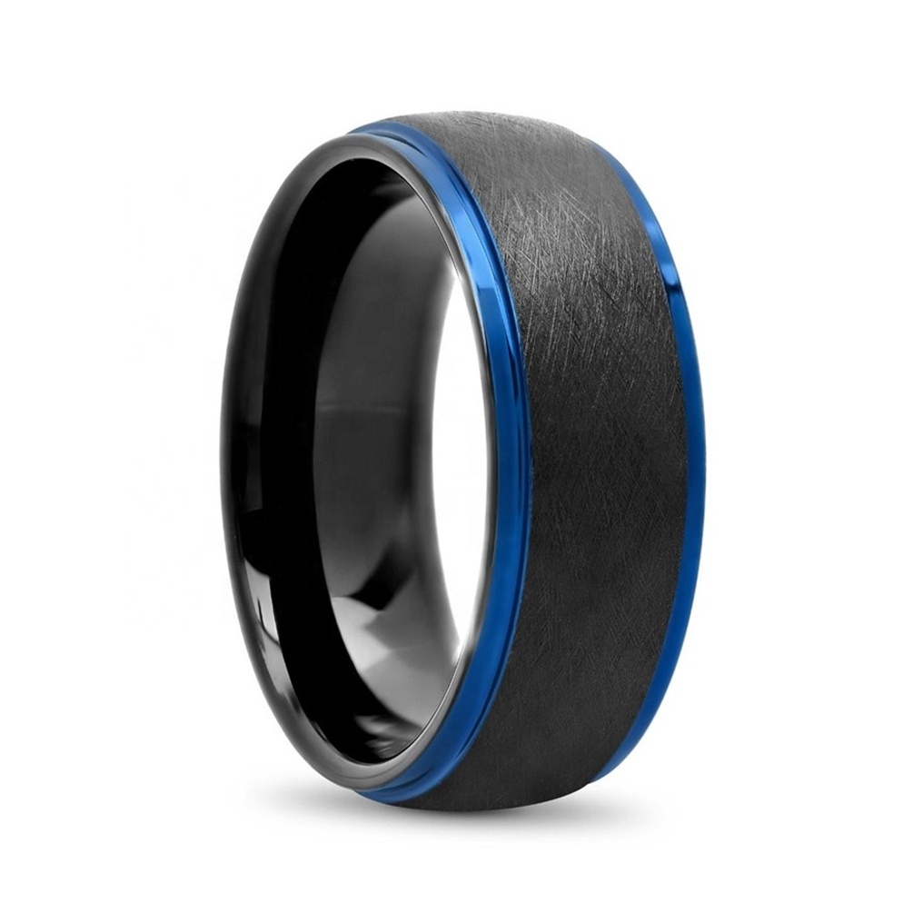 Alin Boys Rings Fashion Black Finger Ring Custom Blue Edge Plating Mixed Brushed Men's Tantalum Rings