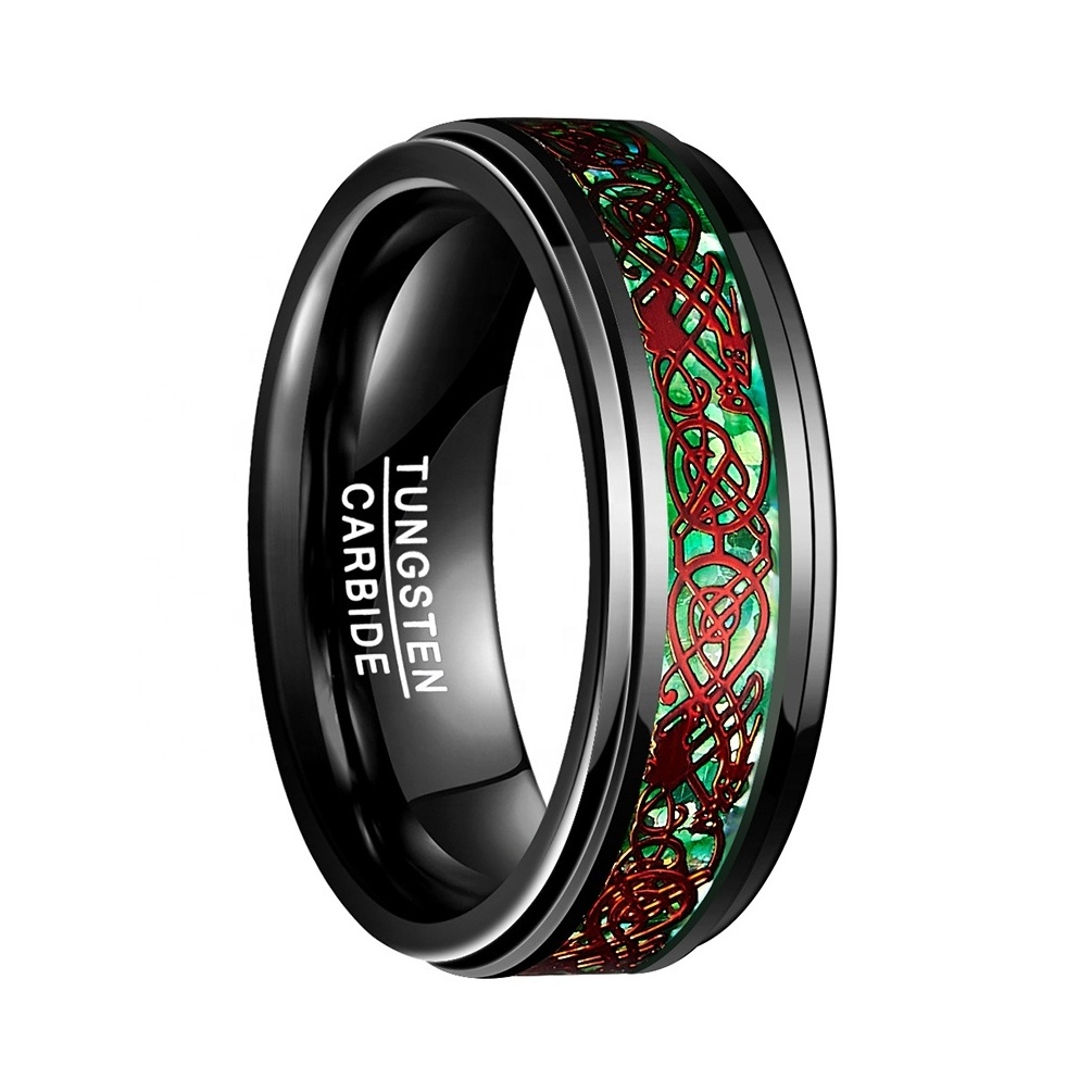 Alin Personalized Black Tungsten Rings Red Celtic Dragon Knot With Inner Green Tone Wedding Rings Band Tungsten Ring