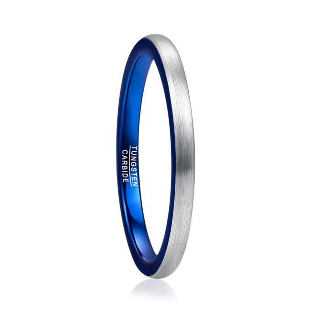 Alin 2mm Thin His and Hers Tungsten Ring Blue And Silver Tungsten Wedding Rings With Brushed Surface