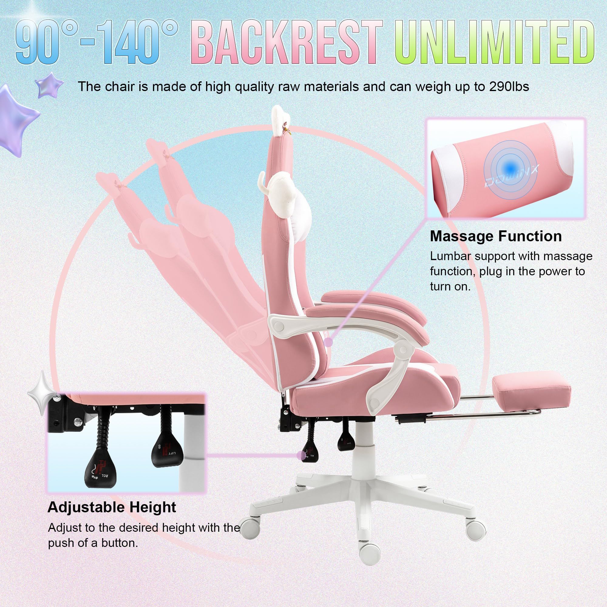 ALINUNU Pink Lovely Factory Direct Rotating Ergonomic Gaming Chair with Footrest Cat Paw Lumbar Cushion and Cat Ear