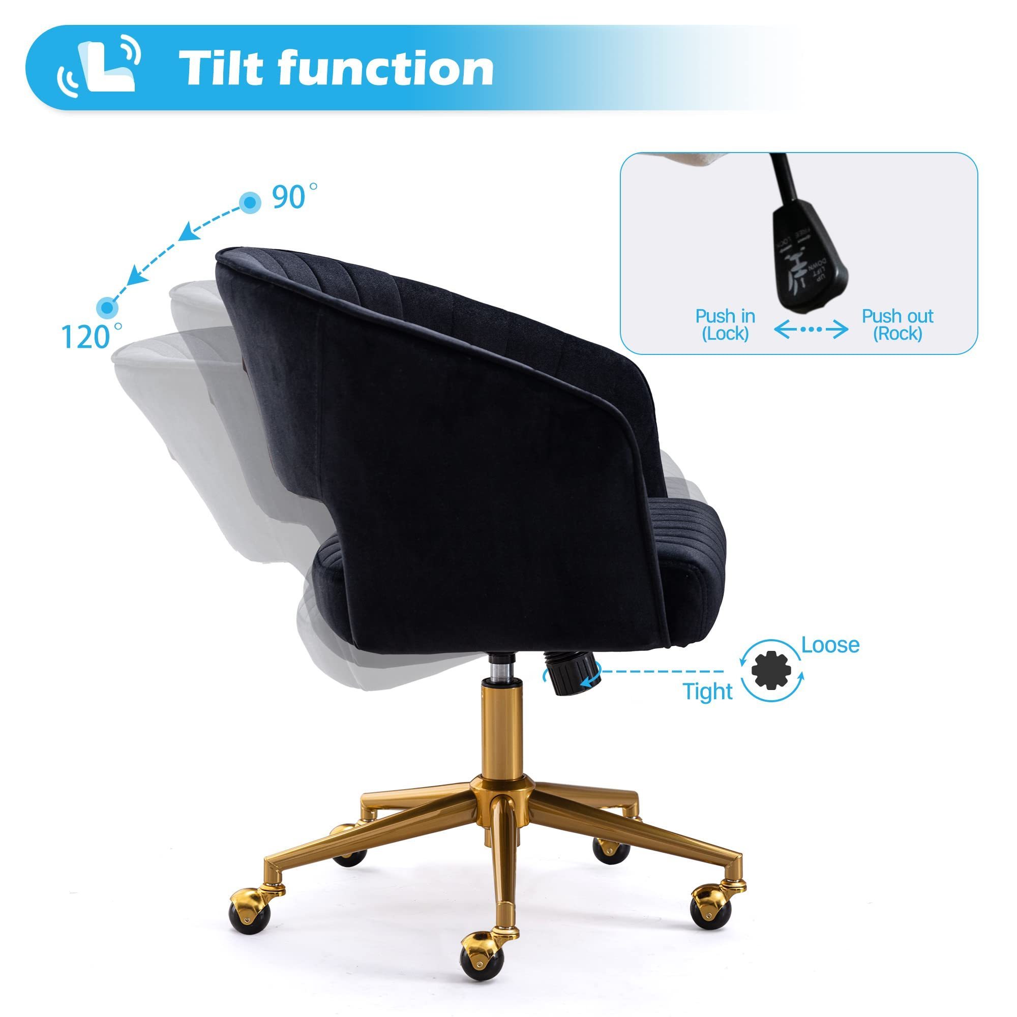 Alinunu Home Office Swivel Velvet Desk Chair Upholstered Modern Tufted Chairs with Gold Base Computer Task Stool for Living Room