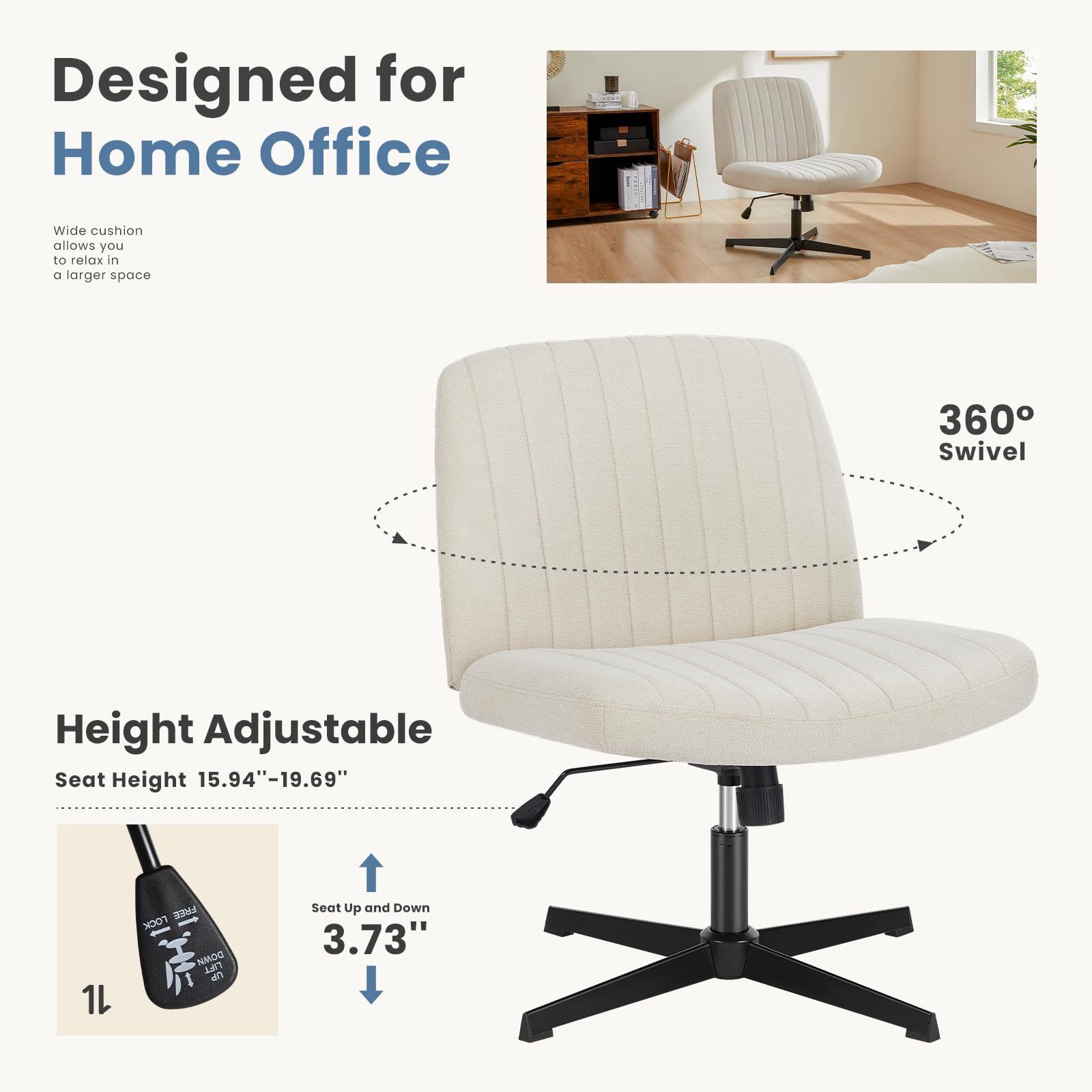 Alinunu Cross Legged Office Armless Wide Desk Chair No Wheels Modern Home Office Desk Chair Swivel Adjustable Fabric Chair