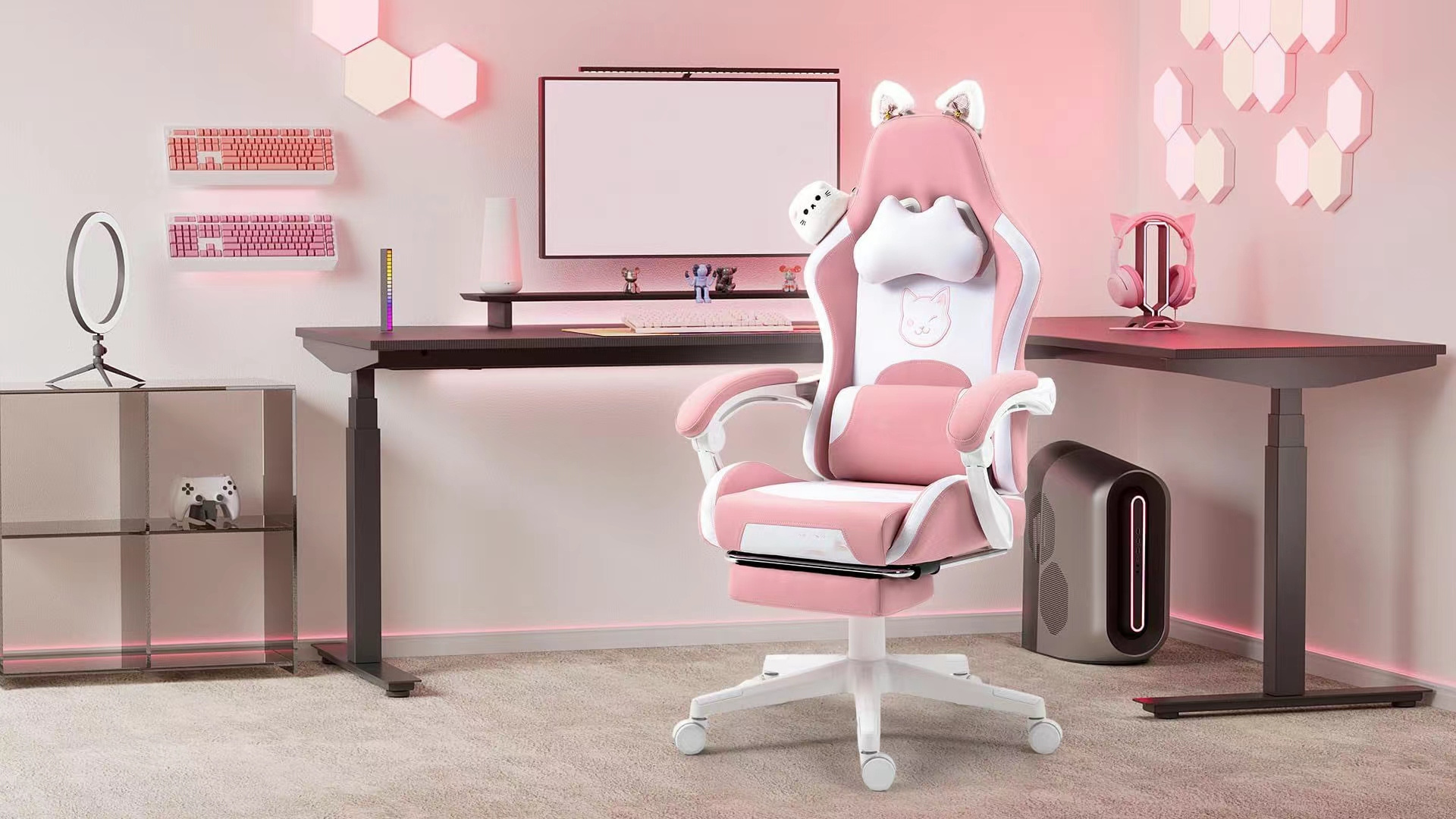 ALINUNU Pink Lovely Factory Direct Rotating Ergonomic Gaming Chair with Footrest Cat Paw Lumbar Cushion and Cat Ear